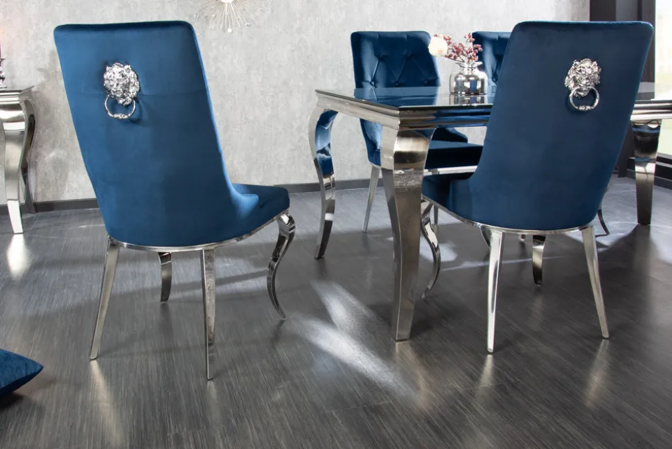 Design Stuhl MODERN BAROCK royalblau Samt mit silbernem Löwenkopf