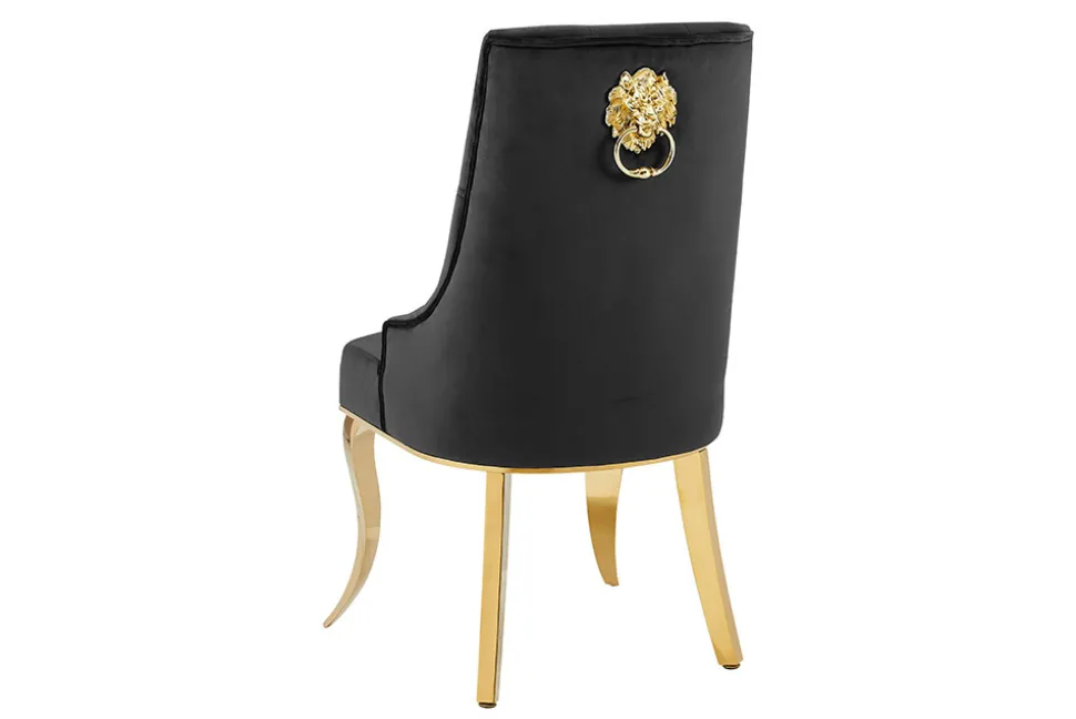 Design Stuhl MODERN BAROCK DELUXE schwarz Samt gold Edelstahl mit Löwenkopf
