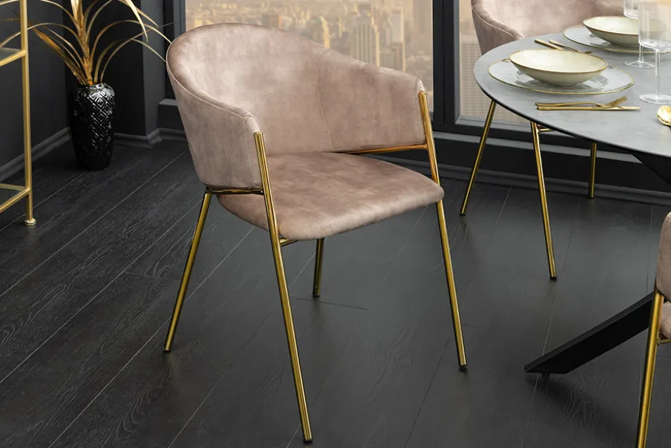 Design Stuhl NOBLESSE champagner beige Samt golden verchromtes Metallgestell