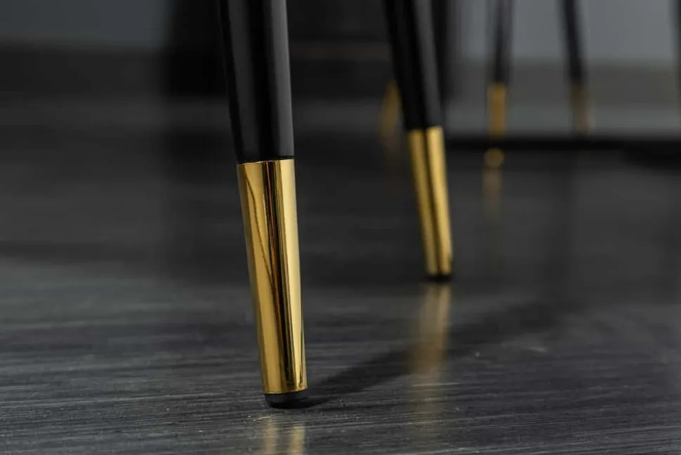 Design Stuhl PARIS hellgrau Strukturstoff mit Armlehnen Ziersteppung goldene Fußkappen