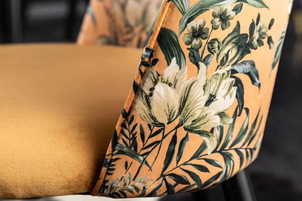 Design Stuhl PRÊT-À-PORTER gelb Samt florales Muster und goldene Fußkappen