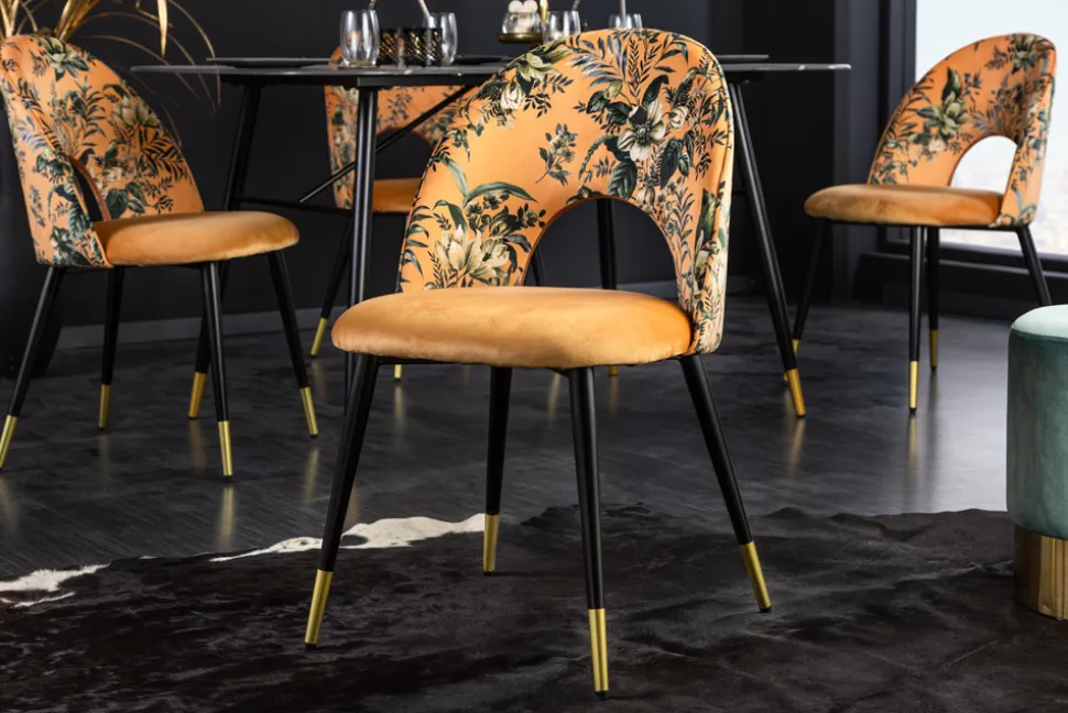 Design Stuhl PRÊT-À-PORTER gelb Samt florales Muster und goldene Fußkappen