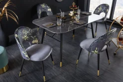 Design Stuhl PRÊT-À-PORTER grau Samt florales Muster und goldene Fußkappen