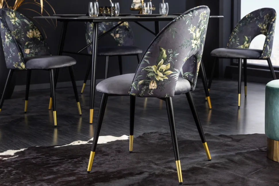 Design Stuhl PRÊT-À-PORTER grau Samt florales Muster und goldene Fußkappen