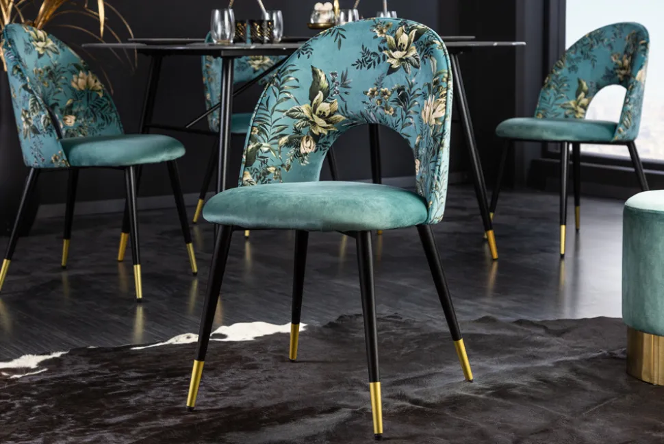 Design Stuhl PRÊT-À-PORTER türkis Samt florales Muster und goldene Fußkappen