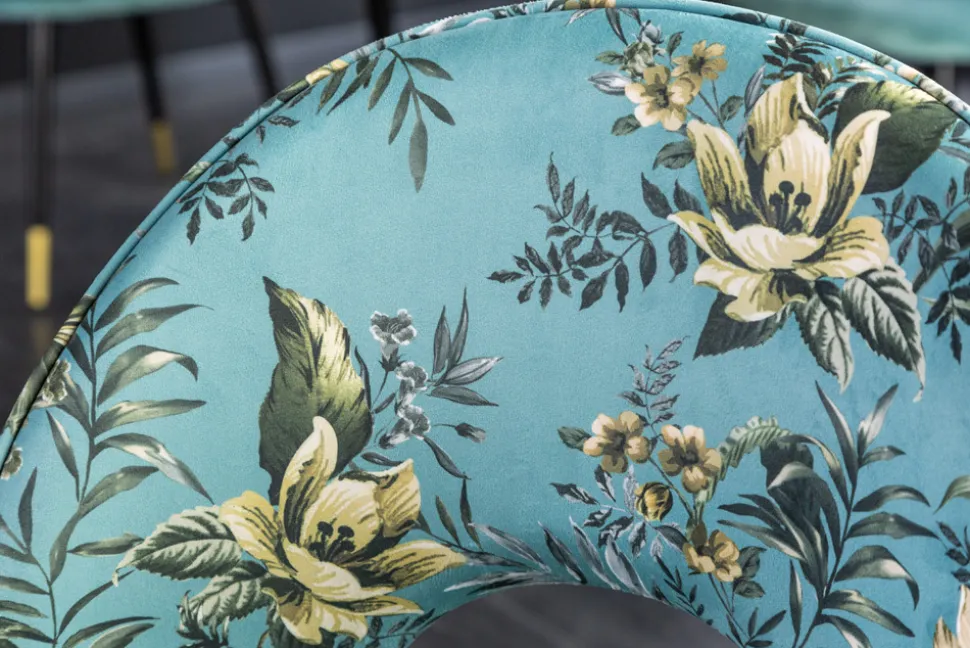 Design Stuhl PRÊT-À-PORTER türkis Samt florales Muster und goldene Fußkappen