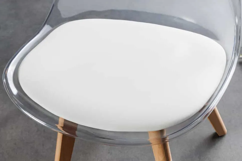 Design Stuhl SCANDINAVIA MEISTERSTÜCK transparent weiß Kunststoff Buchenholz natur