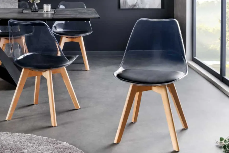 Design Stuhl SCANDINAVIA MEISTERSTÜCK transparent schwarz Kunststoff Buchenholz natur