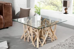 Design Teakholz Couchtisch DRIFTWOOD 80cm mit Glasplatte eckig