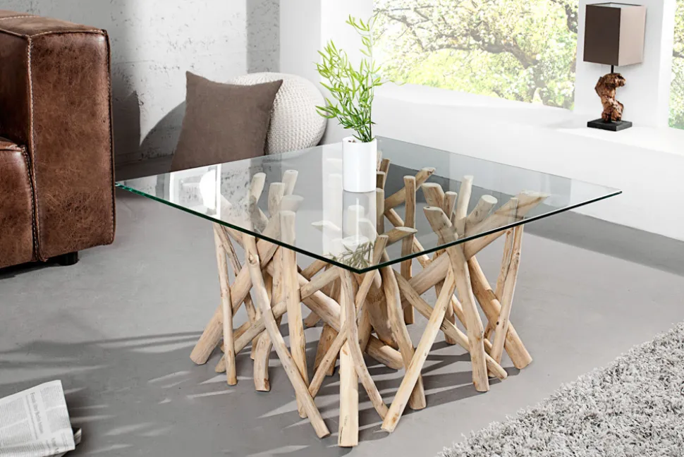 Design Teakholz Couchtisch DRIFTWOOD 80cm mit Glasplatte eckig