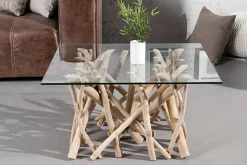 Design Teakholz Couchtisch DRIFTWOOD 80cm mit Glasplatte eckig