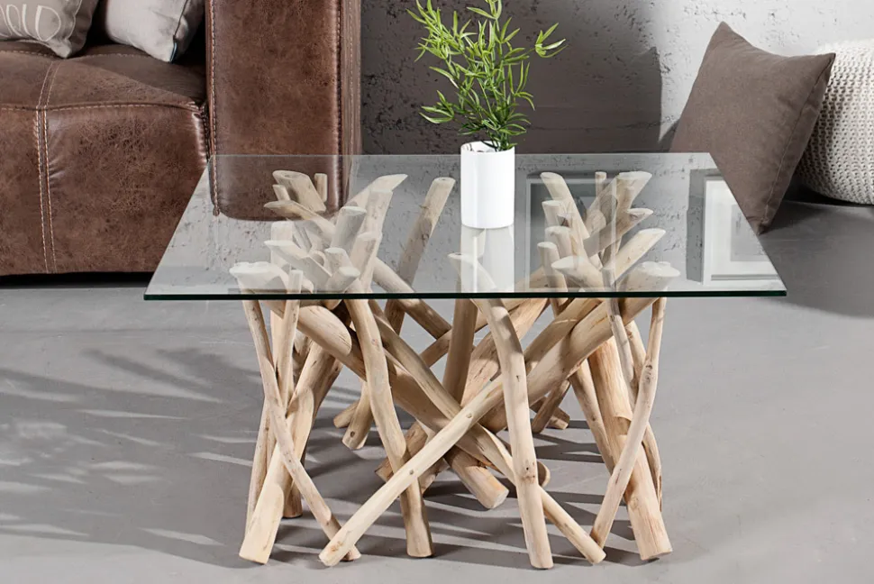 Design Teakholz Couchtisch DRIFTWOOD 80cm mit Glasplatte eckig