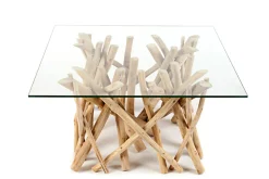 Design Teakholz Couchtisch DRIFTWOOD 80cm mit Glasplatte eckig