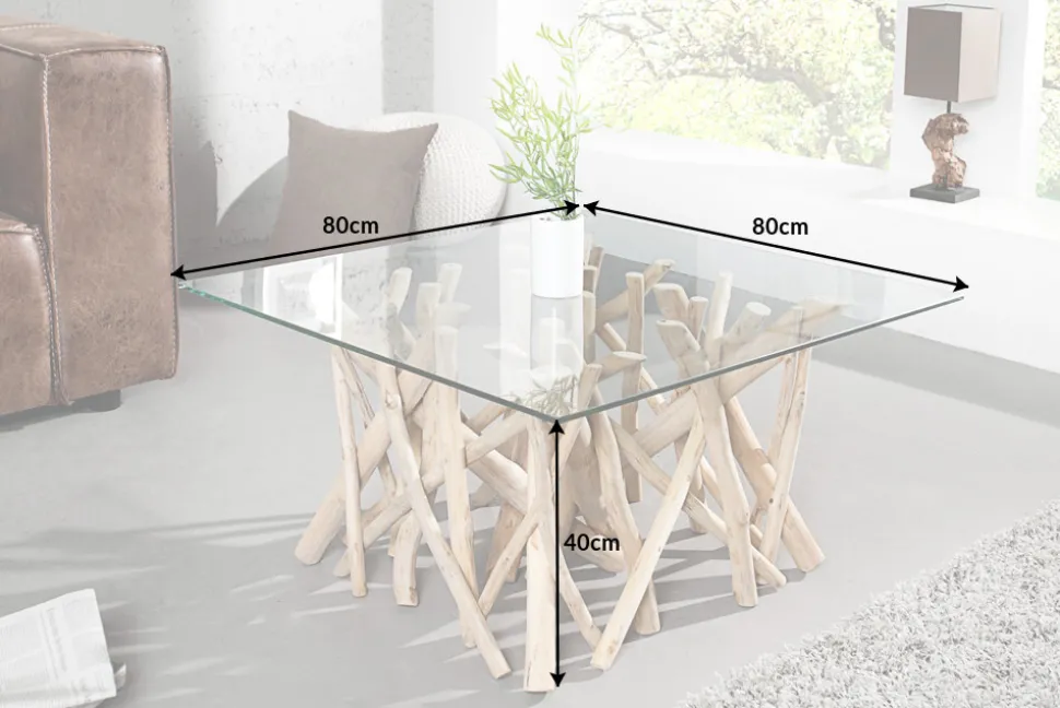 Design Teakholz Couchtisch DRIFTWOOD 80cm mit Glasplatte eckig