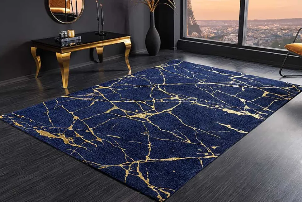 Design Teppich MARBLE 240x160cm königsblau gold Marmor-Optik Flachgewebe