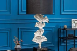 Design Tischlampe GINKGO 70cm schwarz Stoffschirm silber Metall handmade Marmor-Fuß