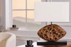 Design Tischlampe REEF 50cm Regenbaum Massivholz handmade Baumwollschirm weiß