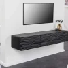 Design TV-Board WAVE 160cm schwarz Mangoholz mit 3D Schnitzereien hängend