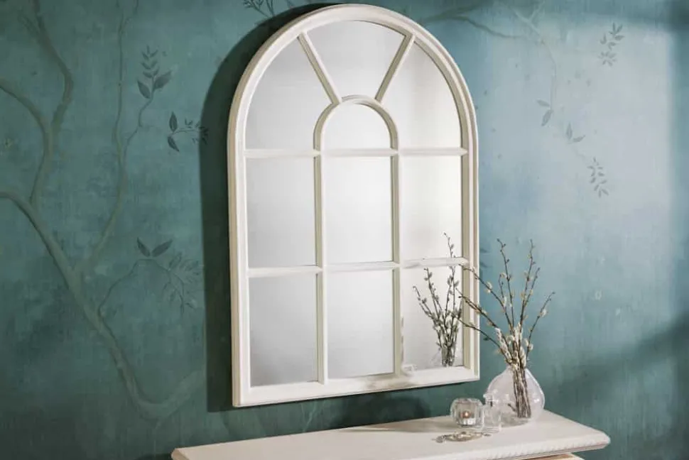 Design Wandspiegel CASTILLO 100cm weiß Landhausstil Fensterspiegel Rundbogen Shabby Chic
