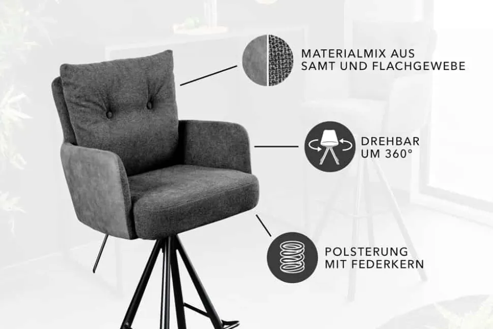 Drehbarer Design Barhocker BIG GEORGE anthrazit Samt Taschenfederkern mit Armlehnen