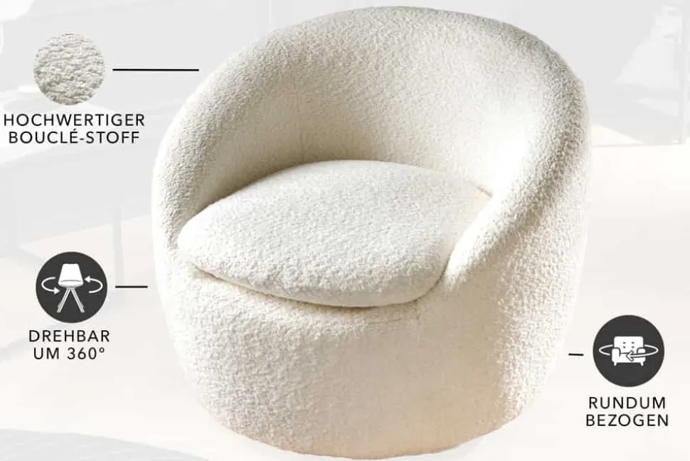 Drehbarer Design Sessel ALPINE beige Bouclé 360° mit Armlehnen