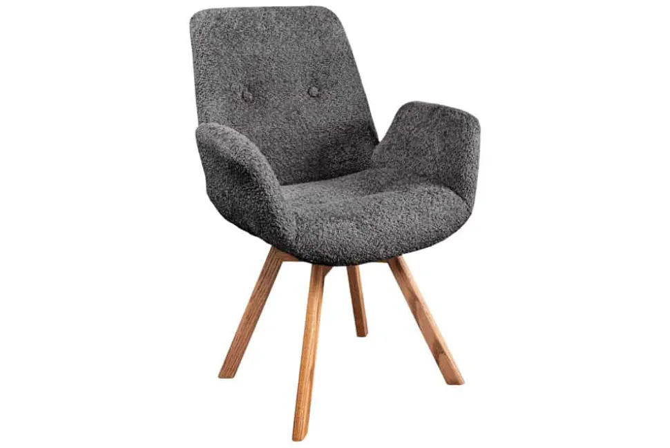 Drehbarer Design Stuhl BALTIC dunkelgrau Bouclé natur Eiche Massivholz mit Armlehne