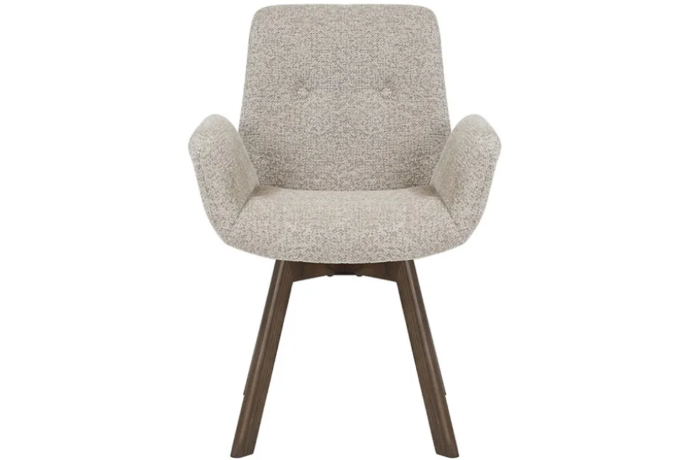 Drehbarer Design Stuhl BALTIC taupe Bouclé Tweed Soft Eiche Massivholz Walnuss