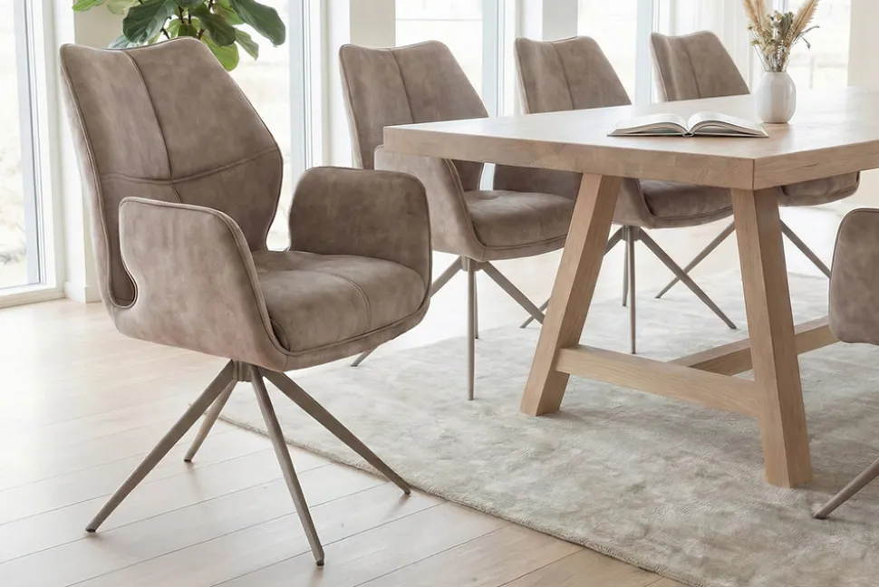 Drehbarer Design Stuhl CONCORD champagner greige Samt Taschenfederkern Metallgestell greige