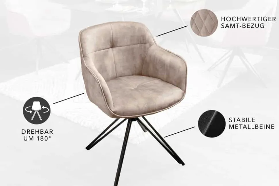 Drehbarer Design Stuhl EUPHORIA champagner greige Samt mit Armlehne Metallgestell schwarz