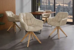 Drehbarer Design Stuhl PAPILLON beige Samt Eiche Massivholz mit Armlehnen