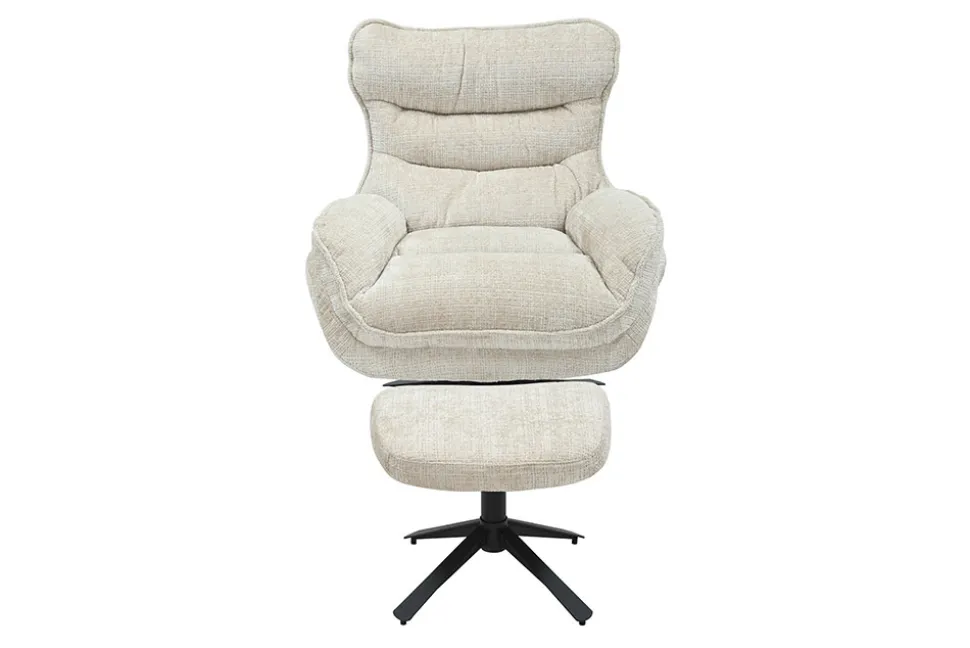 Drehbarer Hocker CLOUD champagner beige Chenillestoff schwarz Metall Fußhocker