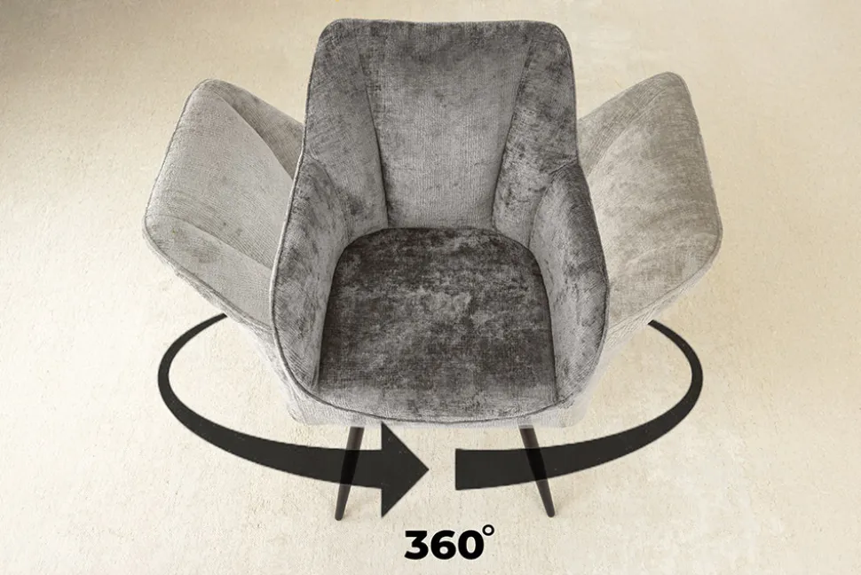 Drehbarer Retro Stuhl AVIGNON grau Chenille schwarze Metallbeine