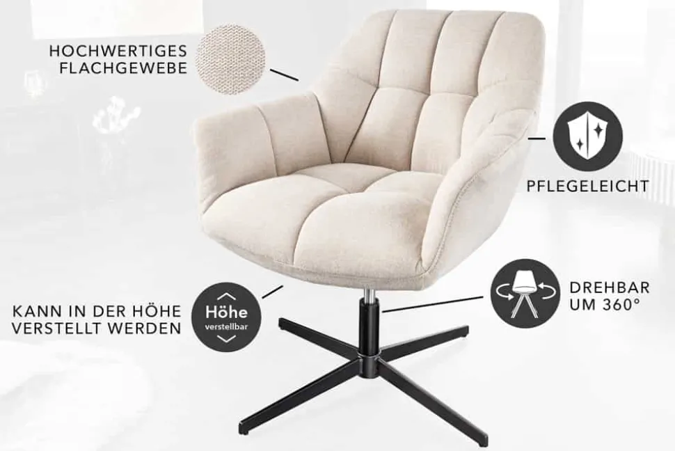 Drehbarer Sessel PAPILLON champagner beige schwarz Metall höhenverstellbar mit Armlehne