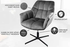 Drehbarer Sessel PAPILLON grau Samt schwarz Metall höhenverstellbar mit Armlehne
