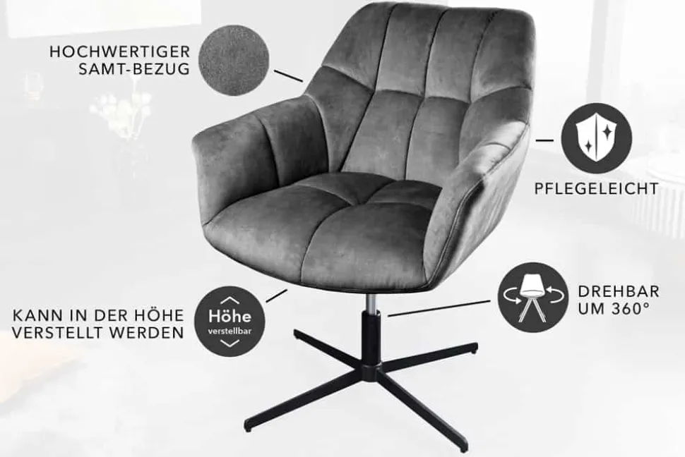 Drehbarer Sessel PAPILLON grau Samt schwarz Metall höhenverstellbar mit Armlehne