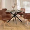 Drehbarer Stuhl ALMARA cognac braun Echtleder 360° Taschenfederkern Eiche Massivholz