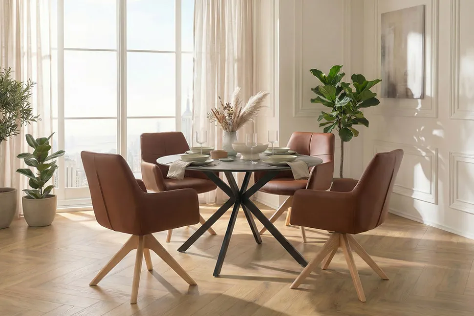 Drehbarer Stuhl ALMARA cognac braun Echtleder 360° Taschenfederkern Eiche Massivholz