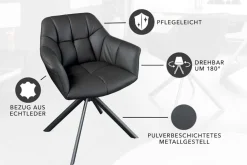 Drehbarer Stuhl PAPILLON schwarz Echtleder mit Armlehne schwarzes Gestell