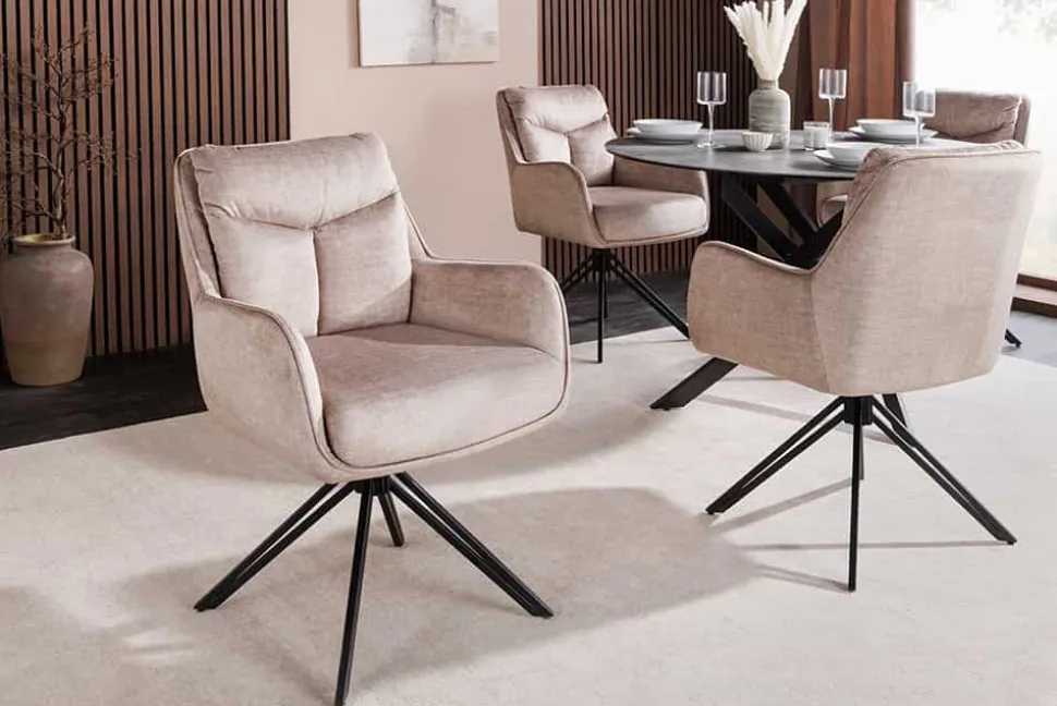 Drehbarer Stuhl PROMETHEUS beige Vogue Velours Samt Taschenfederkern Metallgestell