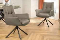 Drehbarer Stuhl SIGNATURE taupe Echtleder 360° mit Taschenfederkern schwarz Metall