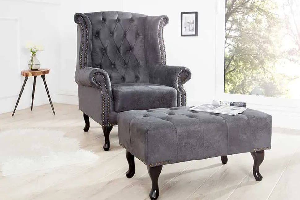 Edler Chesterfield Fußhocker antik grau Microfaser mit Knopfheftung und Nietenbesatz