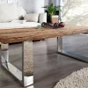 Eindrucksvoller Couchtisch BARRACUDA 110cm antik Teakholz mit Kufengestell und Glas