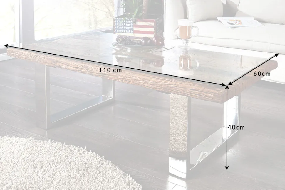 Eindrucksvoller Couchtisch BARRACUDA 110cm antik Teakholz mit Kufengestell und Glas
