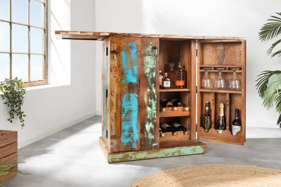 Einzigartiger Barschrank JAKARTA 100cm natur bunt recyceltes Massivholz aus Fischerbooten