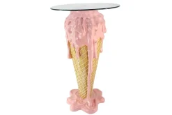 Einzigartiger Bartisch ICE CREAM 105cm beige rosa runde Tischplatte Glas handmade