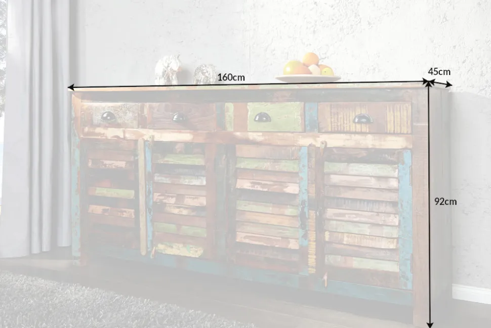 Einzigartiges Sideboard JAKARTA 160cm bunt recyceltes Massivholz aus Fischerbooten