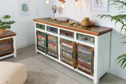 Einzigartiges Sideboard JAKARTA 160cm weiß bunt recyceltes Massivholz aus Fischerbooten