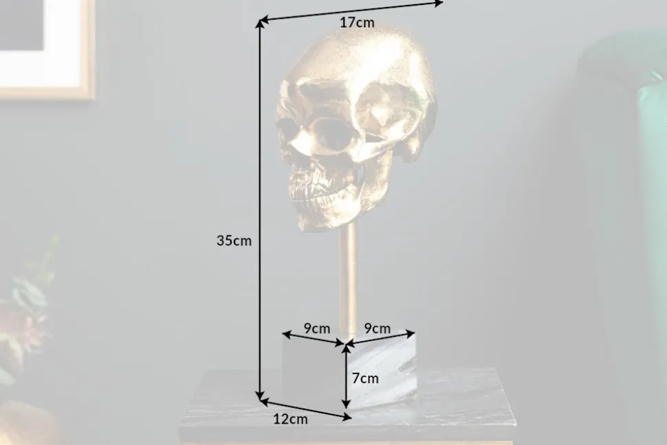 Elegante Skulptur SKULL 35cm gold Totenkopf mit Marmorfuß