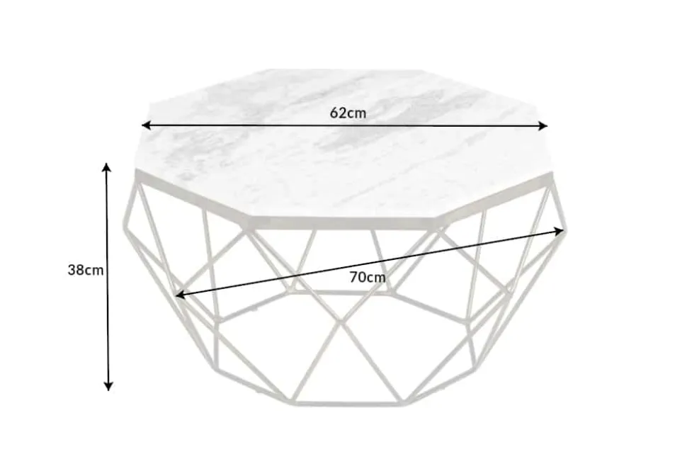 Eleganter Couchtisch DIAMOND 70cm weiß messing mit Marmorplatte