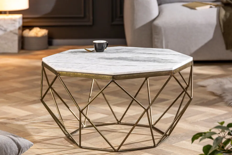 Eleganter Couchtisch DIAMOND 70cm weiß messing mit Marmorplatte